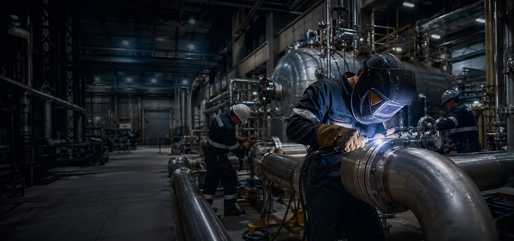 Industrial welding and pipe fitting work in a European process plant